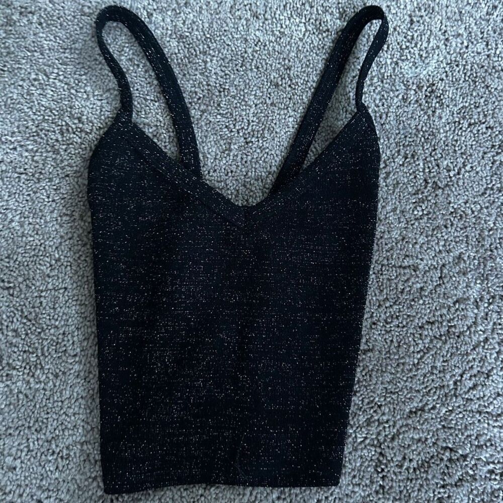 Forever 21 Black Glitter Shimmer Tank Top Cross Back Size Small Sparkle